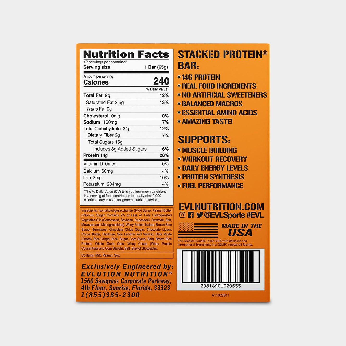 EVLUTION NUTRITION Stacked Protein Bar, Chocolate Chip Peanut Butter, 12 Count A2