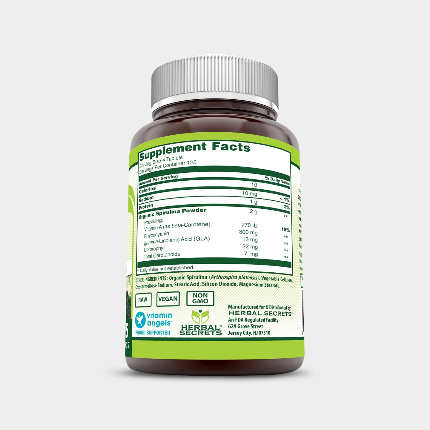 Herbal Secrets Organic Spirulina 500mg, Unflavored, 500 Tablets A2