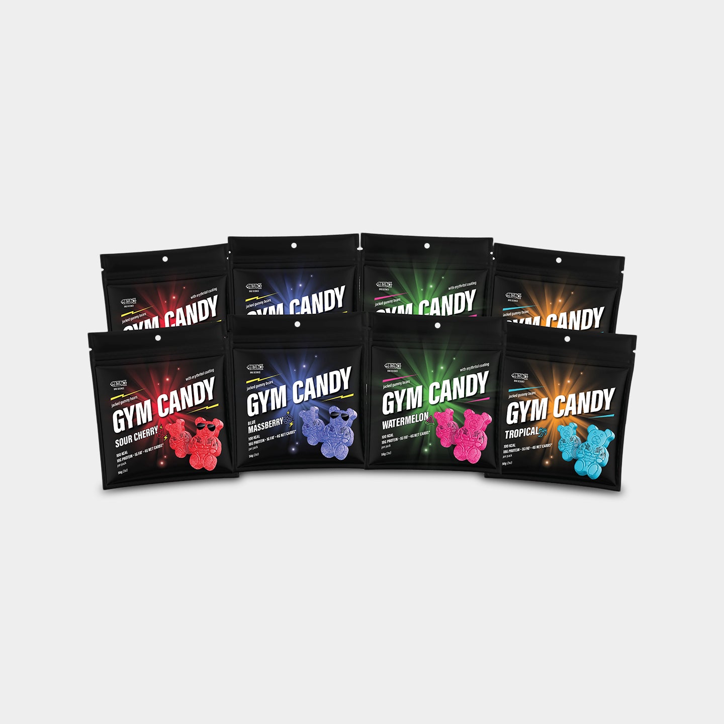 Gym Candy Jacked Gummy Bears, Variety (Watermelon, Tropical, Blue Massberry, and Sour Cherry), 2oz - 8 Pack A1