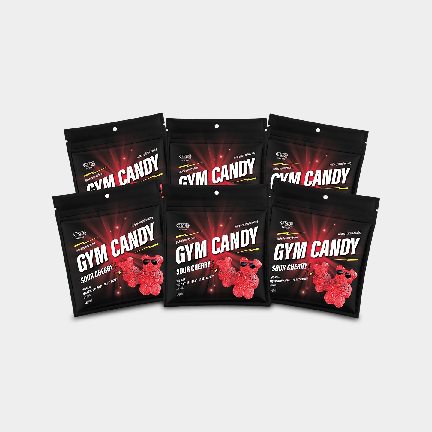 Gym Candy Jacked Gummy Bears, Sour Cherry, 2oz - 6 Pack A1
