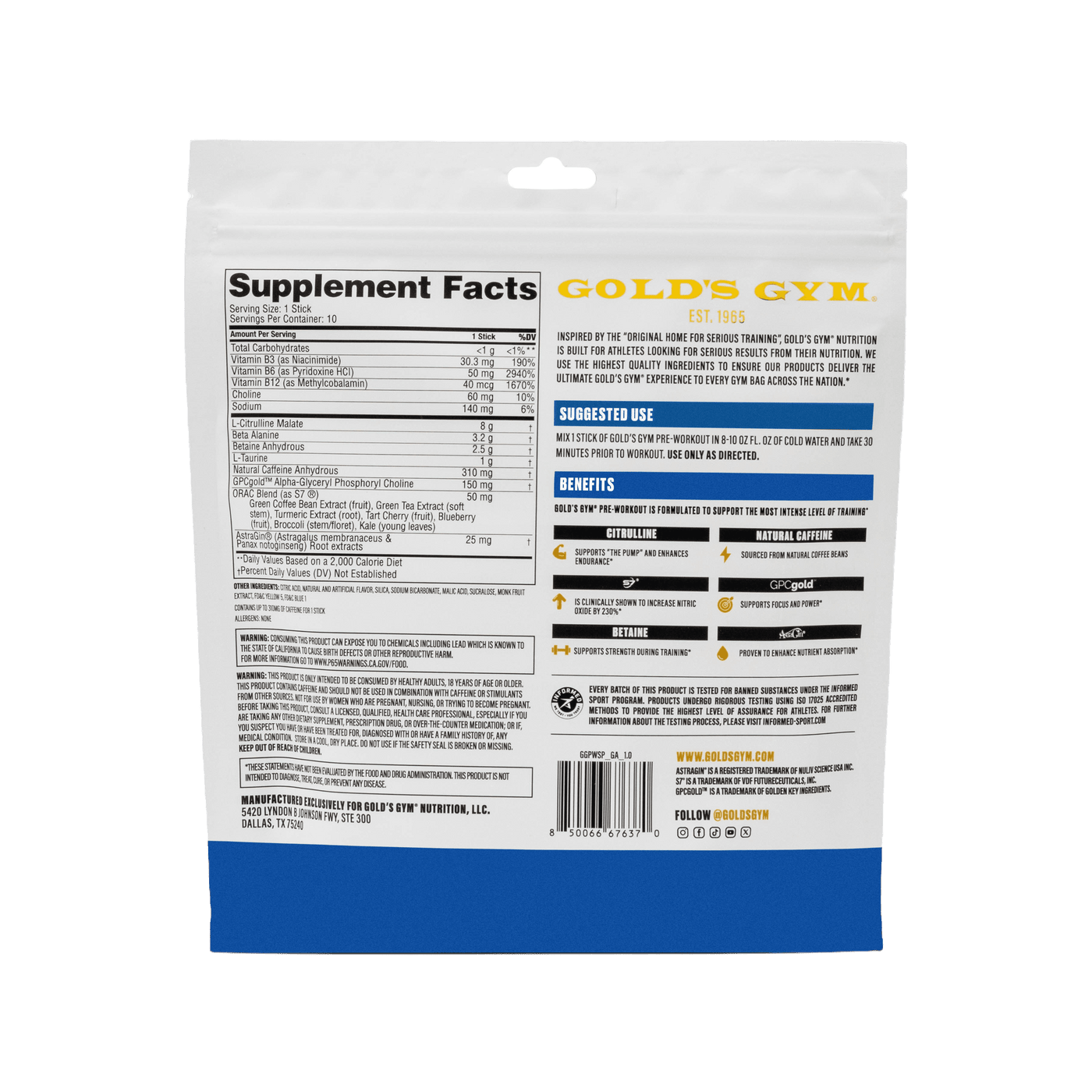 Gold's Gym Pre-Workout Stick Packs