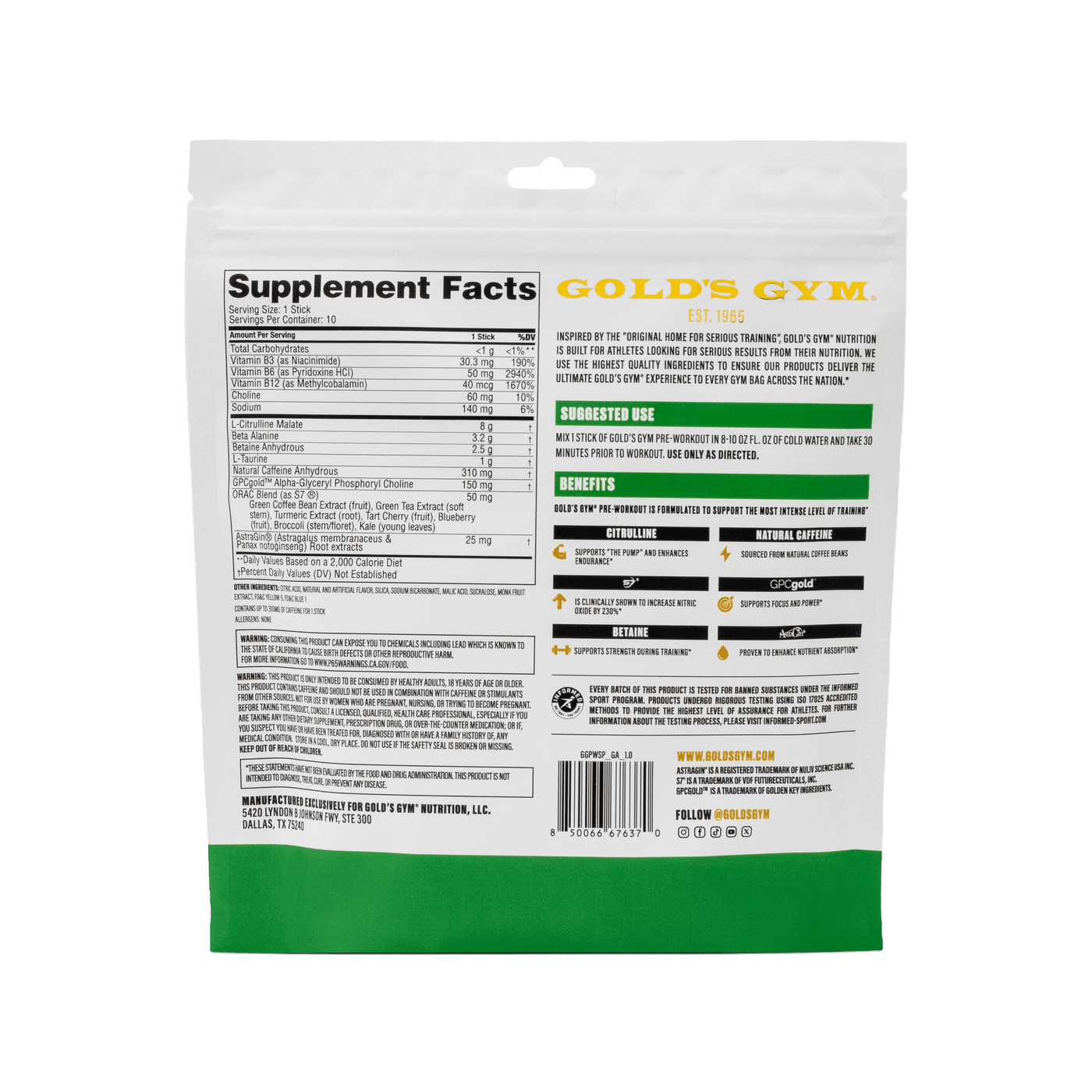 Gold's Gym Pre-Workout Stick Packs