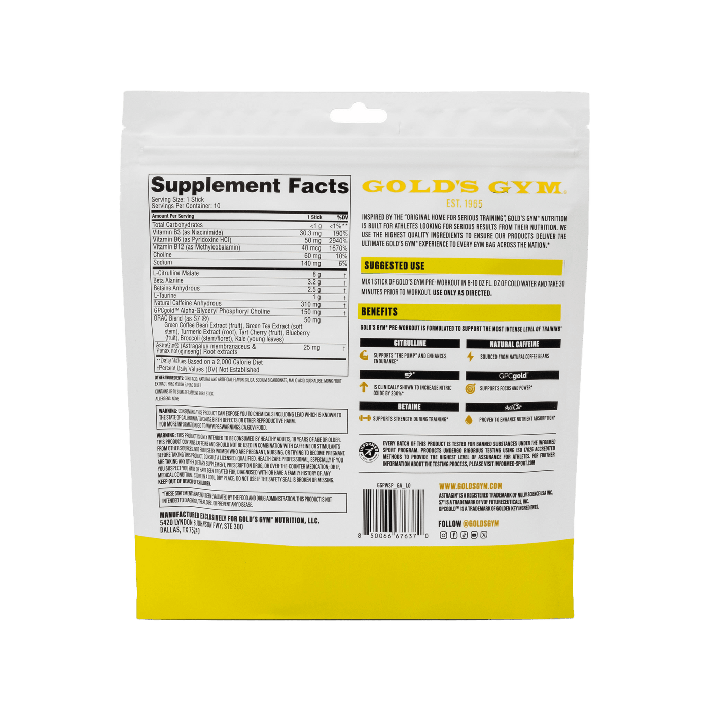 Gold's Gym Pre-Workout Stick Packs