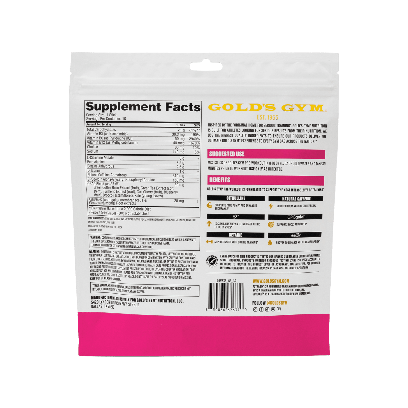 Gold's Gym Pre-Workout Stick Packs
