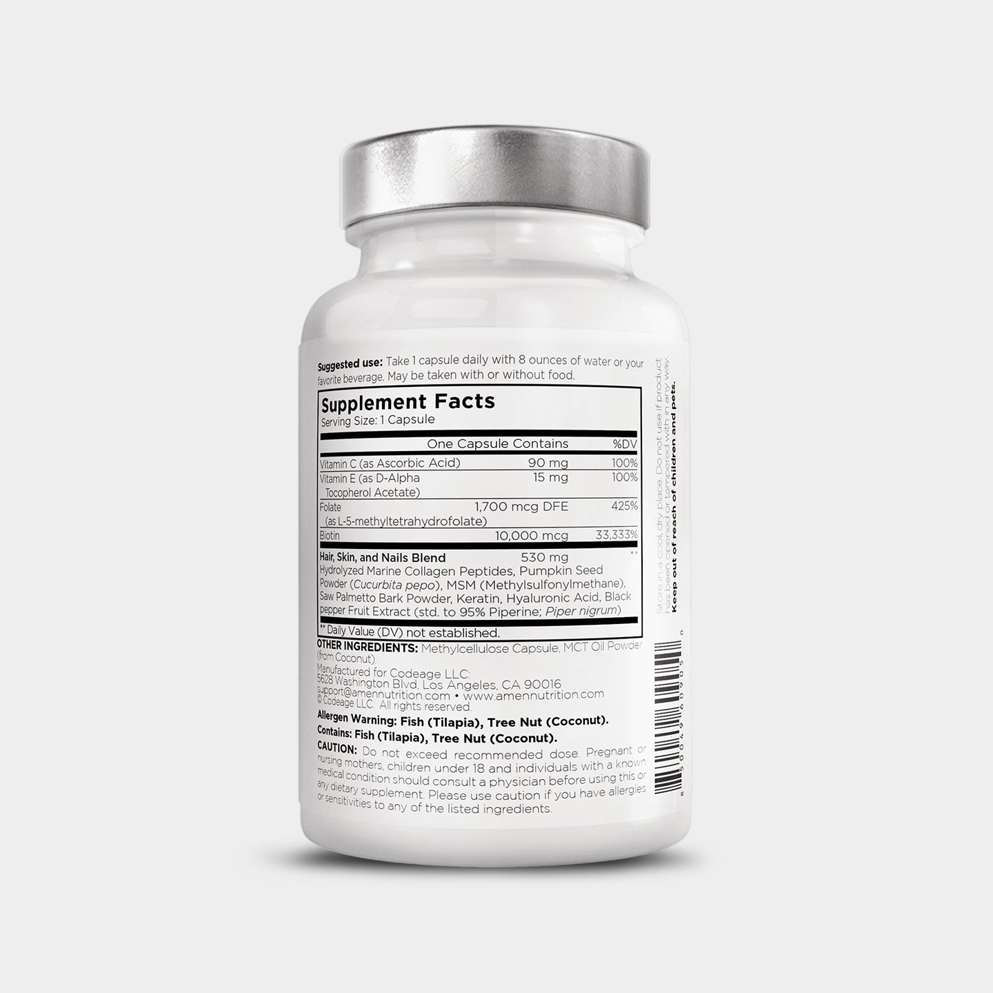 Codeage Amen Biotin Collagen Vitamins + Black Pepper Extract, Unflavored, 90 Capsules A2