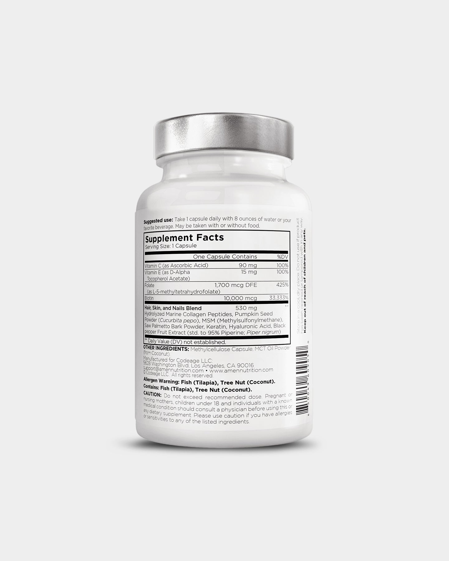 Codeage Amen Biotin Collagen Vitamins + Black Pepper Extract, Unflavored, 90 Capsules A2