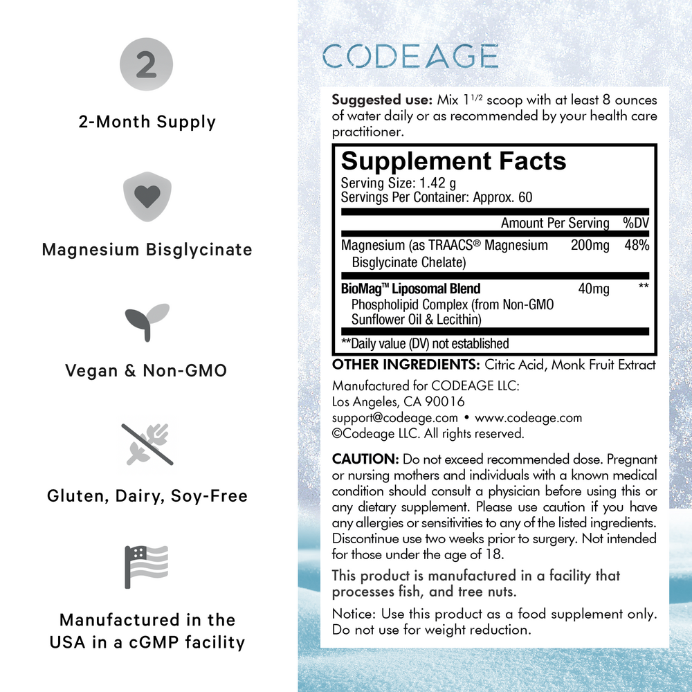 Codeage Magnesium Glycinate 100% Chelated Powder Supplement, Unflavored, 60 Servings A3