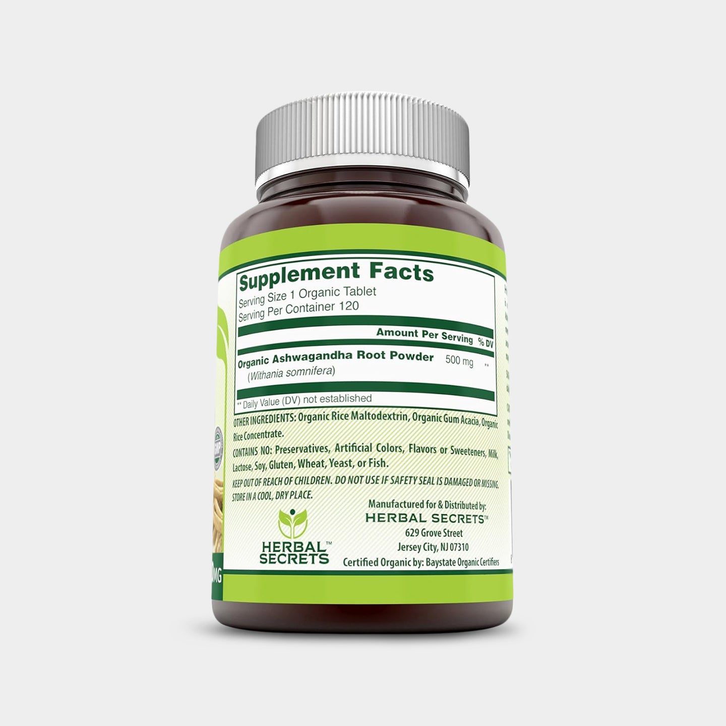 Herbal Secrets Organic Ashwagandha 500mg, Unflavored, 120 Veggie capsules A2