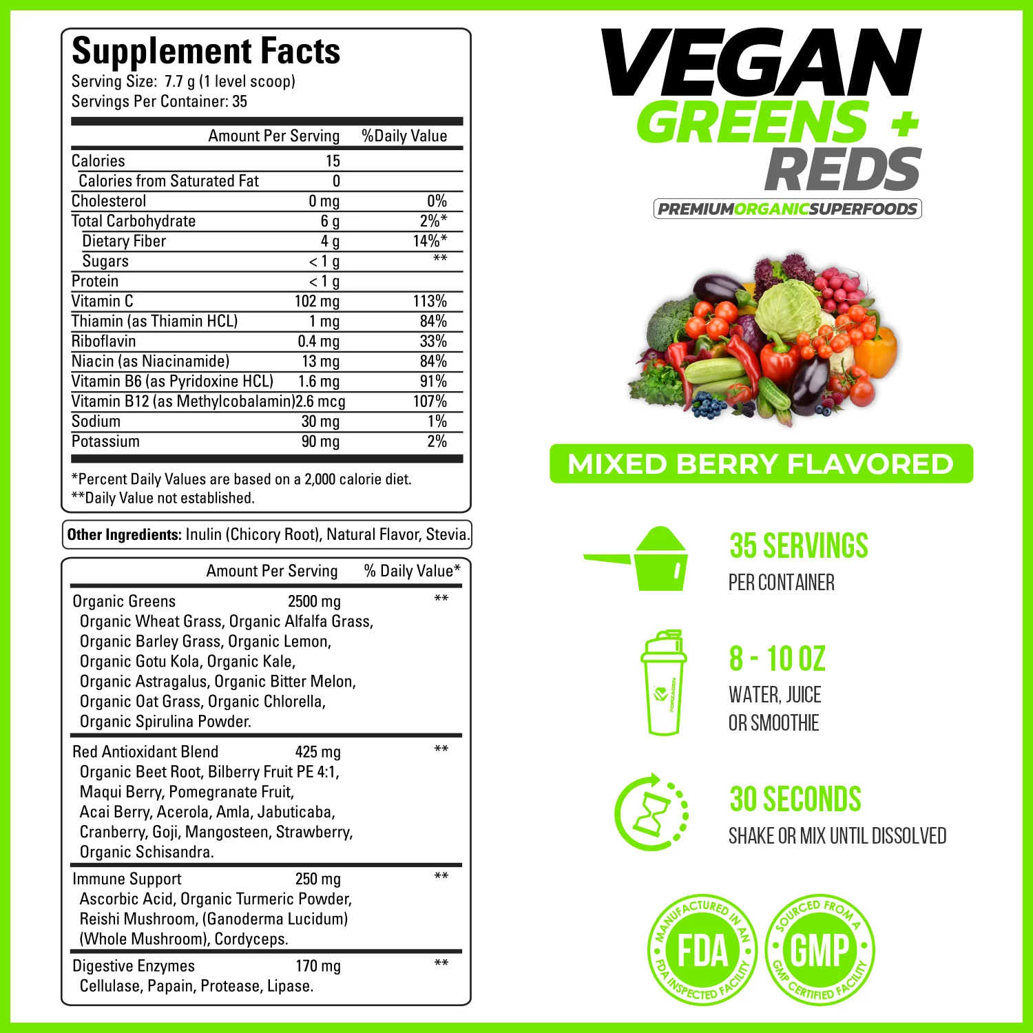 Forzagen Vegan Greens + Reds Superfood, Mixed Berry, 35 Servings A2