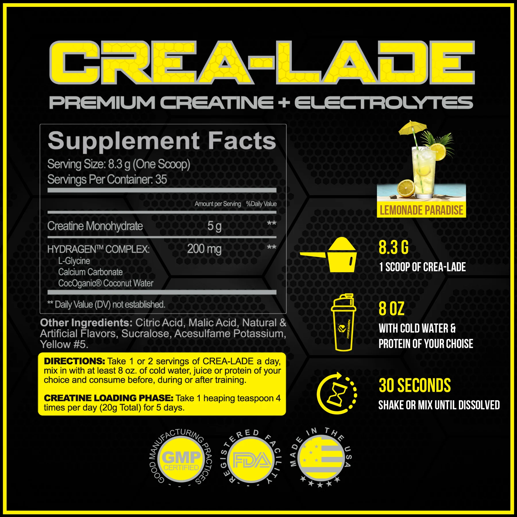 Forzagen CREA-LADE Premium Creatine + Electrolytes Pre-Workout, Lemonade Paradise, 35 Servings A2